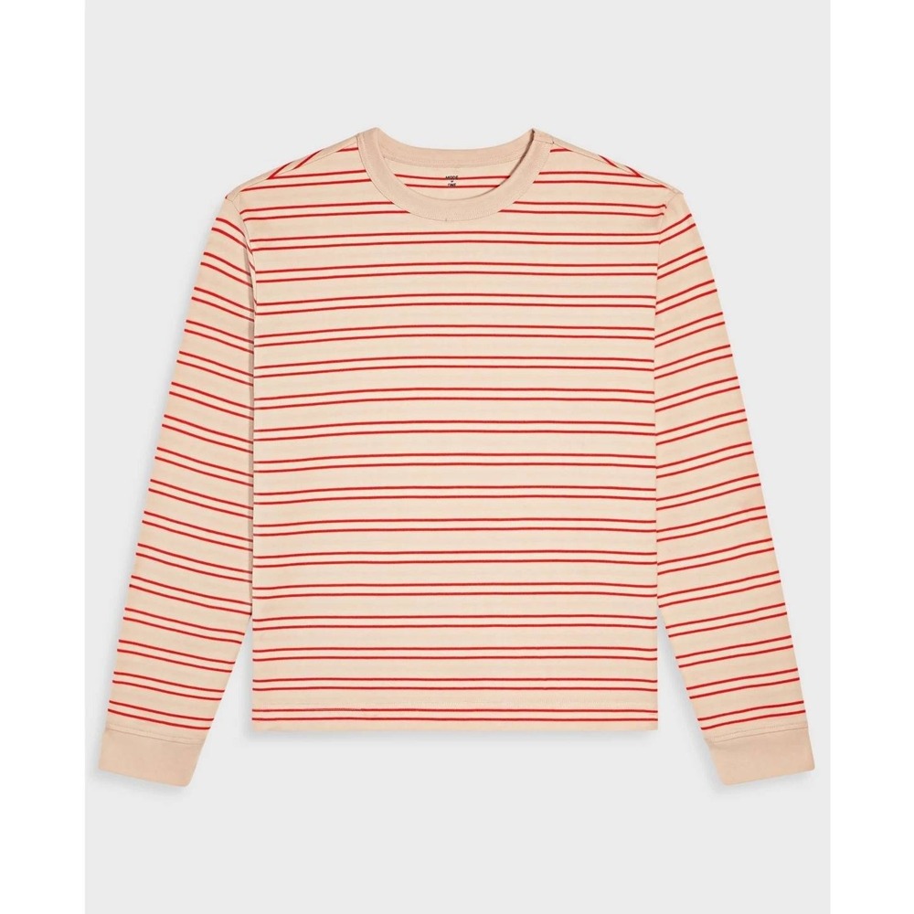 Mode‎ Of One Mens Striped Long Sleeve Tee Cinnamon Brulee Tan Red Small NWT - Picture 2 of 13